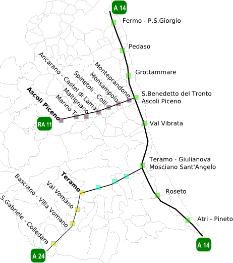 Tracciato delle autostrade che attraversano le province di Ascoli Piceno e Teramo (A14-A24-RA11)