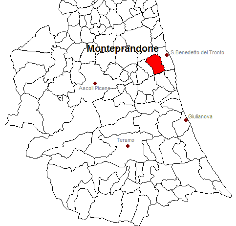 posizione del comune di Monteprandone all'interno delle province di Ascoli Piceno e Teramo