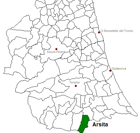 posizione del comune di Arsita all'interno delle province di Ascoli Piceno e Teramo