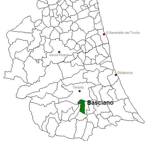 posizione del comune di Basciano all'interno delle province di Ascoli Piceno e Teramo