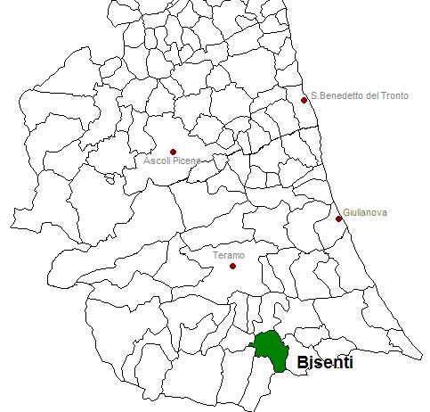 posizione del comune di Bisenti all'interno delle province di Ascoli Piceno e Teramo