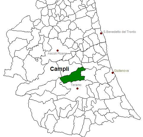 posizione del comune di Campli all'interno delle province di Ascoli Piceno e Teramo