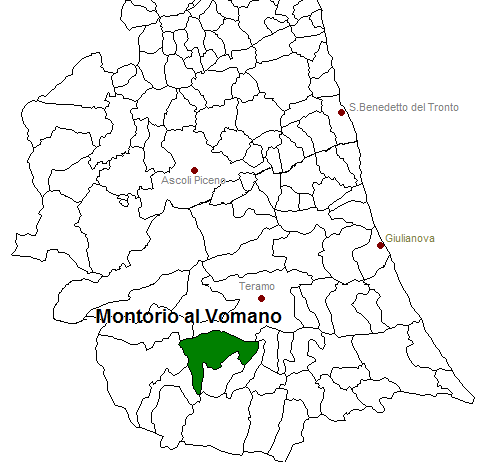 posizione del comune di Montorio al Vomano all'interno delle province di Ascoli Piceno e Teramo