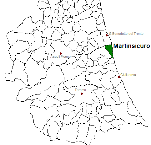 posizione del comune di Martinsicuro all'interno delle province di Ascoli Piceno e Teramo