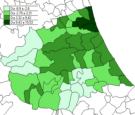 Cartografia delle variazioni percentuali della popolazione residente nei comuni della Provincia di Teramo