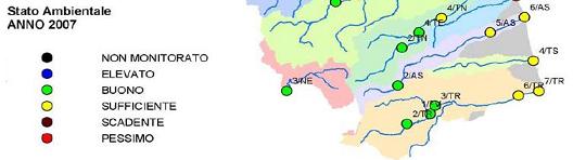 Grafico sullo stato delle acque dei fiumi ascolani, tra cui il fiume Tronto - dalla Relazione dell'Arpa Marche del 2007. I pallini colorati indicano le stazioni di monitoraggio