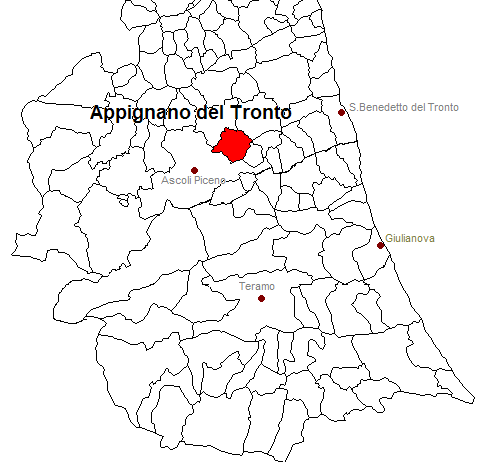 posizione del comune di Appignano del Tronto all'interno delle province di Ascoli Piceno e Teramo