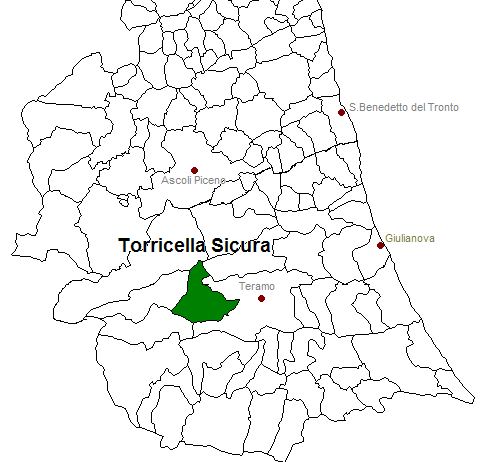 posizione del comune di Torricella Sicura all'interno delle province di Ascoli Piceno e Teramo