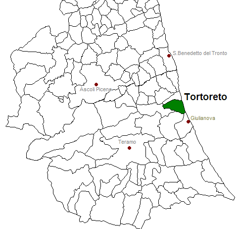 posizione del comune di Tortoreto all'interno delle province di Ascoli Piceno e Teramo